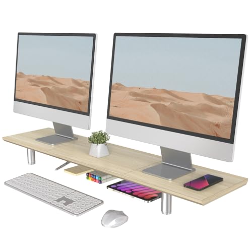 Fenge 39.4” Dual Monitor Stand with Height Adjustable Legs, Oak | Wooden & Steel, Ergonomic Height 3.6" to 4.4", Underneath Storage, Holds up to 99lbs, Laptop Monitor Stand for Home Office - color: Oak