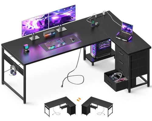 AODK 67" L Shaped Gaming Desk with 4 Drawers and Power Outlets, Black | USB Ports, PC Tower Stand, Hooks, Reversible Corner Layout for Gaming Rooms, Bedrooms and Home Office - color: Black, size: 67 Inch