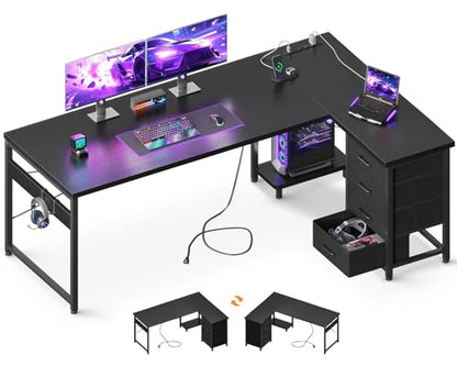 AODK 67" L Shaped Gaming Desk with 4 Drawers and Power Outlets, Black - color: Black, size: 67 Inch