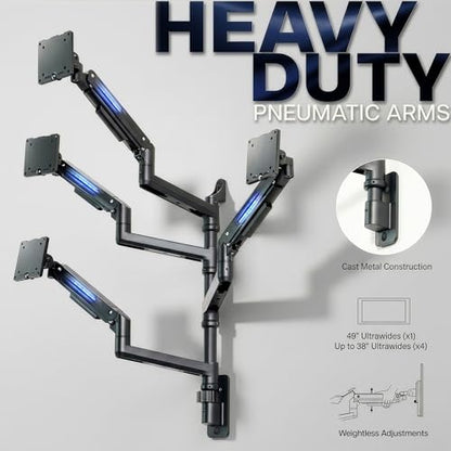 VIVO Quad Ultrawide Wall Mount, Heavy Duty Pneumatic Arm Monitor Station, Fits Four 38 inch Screens, Pneumatic Height Adjustment and 140lb Weight Capacity, Black, MOUNT-V400D - size: Quad Mount, style: Wall Mount