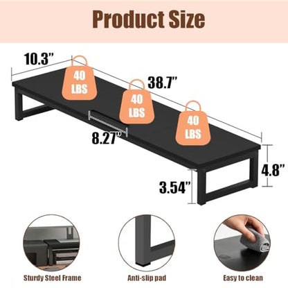 Dual Monitor Stand Riser, 38.7'' Long Wood and Steel Monitor Stand for 2 Monitors, Ergonomic Desktop Organizer with Tablet Stand for Computer,Laptop,TV (Black)