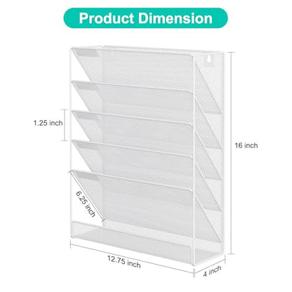 EasyPAG 5 Tier Wall File Holder, Mesh Hanging Folder Organizer with Classify Label, Versatile Desk File Holder, Vertical Wall Mounted Mail Organizer for Office Home Cubicle, White - color: White