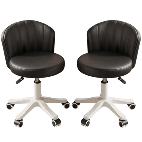 Small Round Rolling Desk Chair Armless Comfy Vanity Computer Chair with Low Backrest PU Leather Height Adjustable Swivel Work Spa Chair - color: Black, style: Set of 2 with backrest