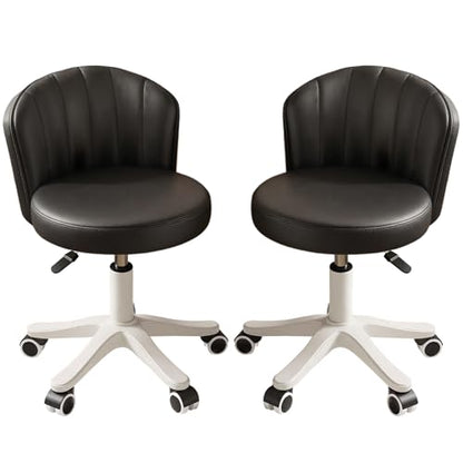 Small Round Rolling Desk Chair Armless Comfy Vanity Computer Chair with Low Backrest PU Leather Height Adjustable Swivel Work Spa Chair - color: Black, style: Set of 2 with backrest