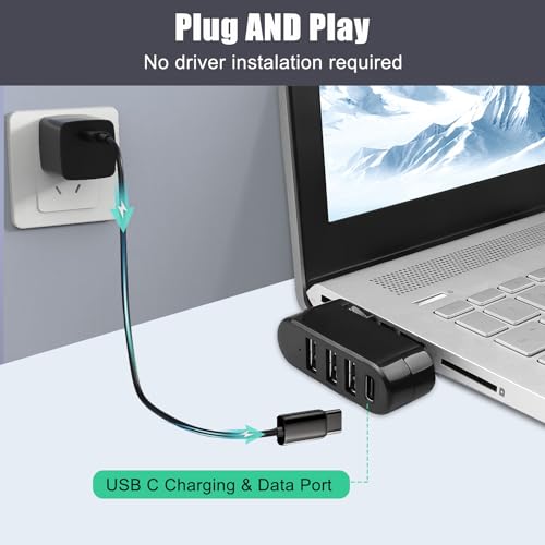VIENON 4-Port USB 3.0 Hub [90°/180° Degree Rotatable], USB Splitter with PD-in 5W USB C Port, USB Extender for Laptop, Car, iMac, MacBook Air, MacBook Pro, and More - style: USB 3.0 Hub