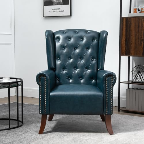 MOJAY Modern PU Leather Accent Chair, Living Room Lounge Sofa Chair with Buttons, Single Club Armchair with Rivet Trim for Bedroom Home Reception (DarkBlue) - color: Blue, size: Set of 1