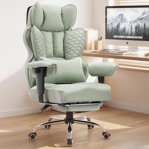 COMHOMA Big and Tall Office Chair Heavy Duty Gaming Chair with Deluxe Embossing Leather High Back Wider Ergonomic Computer Chair with Foot Rest 145°Reclining Pocket Spring Lumbar Support - color: Sage Green