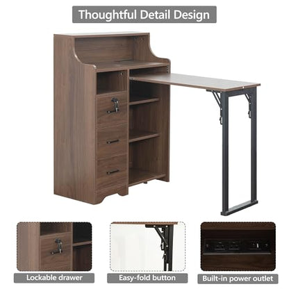Fold Out Desk with Storage, Hidden Desk with Lockable Drawers & Shelves, Built-in Power Outlet,Folding Desk for Study and Home Office (Walnut) - color: Walnut