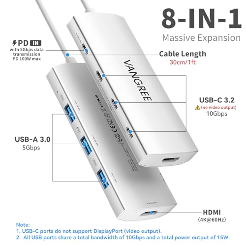 VANGREE USB C Hub 8 in 1, 3 USB-C+3 USB-A 3.2 10Gbps, 4K60Hz HDMI, 100W PD - color: Silver