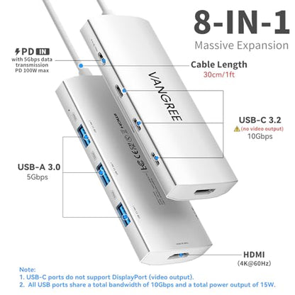 VANGREE USB C Hub 8 in 1, 3 USB-C+3 USB-A 3.2 10Gbps, 4K60Hz HDMI, 100W PD - color: Silver