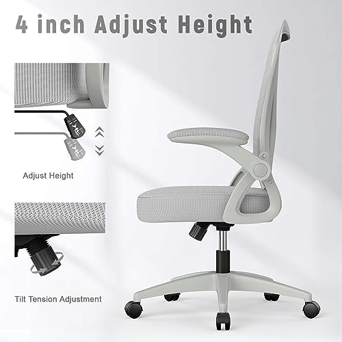 naspaluro Home Office Desk Chair Mid Back with Adjustable Height Grey | Comfy Ergonomic Chair with Flip-Up Arm and Lumbar Support, Breathable Mesh Swivel Computer Chair for Study Working Teacher - color: Grey