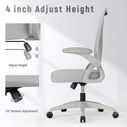 naspaluro Home Office Desk Chair Mid Back with Adjustable Height Grey | Comfy Ergonomic Chair with Flip-Up Arm and Lumbar Support, Breathable Mesh Swivel Computer Chair for Study Working Teacher - color: Grey