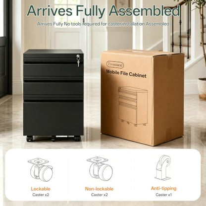 3 Drawer Mobile File Cabinet with Lock, Fully Assembled - color: Black