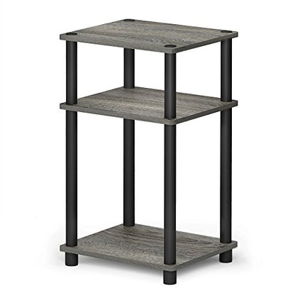 Furinno JUST Side Table, 3-Tier End Table, Open Shelves Night Stand, Bedside Table, Toolless Assembly, for Living Room, Bedroom, Bathroom, French Oak - color: French Oak Grey/Black, size: 3-Tier, Round Pole, style: 1-Pack