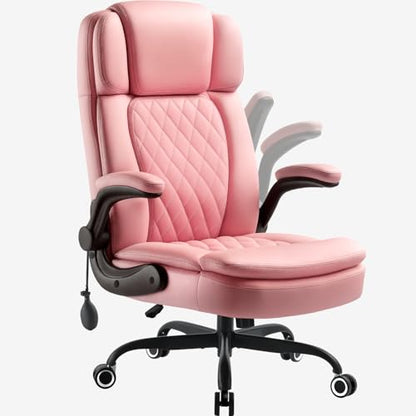 450 LBS Big and Tall Executive Office Chair with Flip up Arm, Heavy Duty Leather Computer Desk Chair,Comfortable High Back Swivel Home Office Chair with Rolling for Adults (Pink) - color: Pink