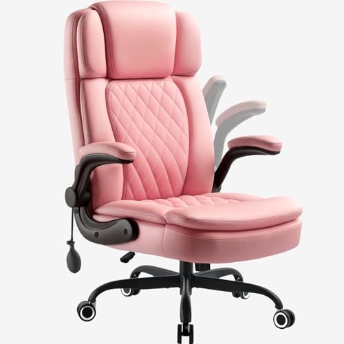 450 LBS Big and Tall Executive Office Chair with Flip up Arm, Heavy Duty Leather Computer Desk Chair,Comfortable High Back Swivel Home Office Chair with Rolling for Adults (Pink) - color: Pink