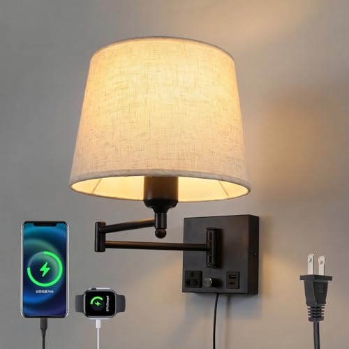 Swing Arm Wall Sconce with Linen Fabric Shade, USB-A & USB-C Charging Ports, Built-in AC Outlet & Rotary Dimmer, Plug-in Adjustable Reading Wall Lamp for Bedside Bedroom Hotel