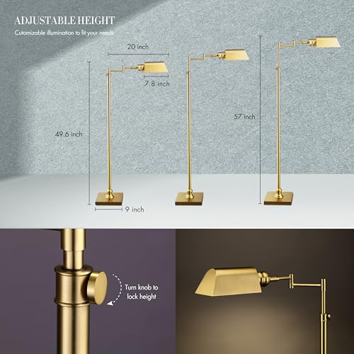 O’Bright Arcadia - Pharmacy Floor Lamp, Full Range Dimming, Swing Arm Task Lamp, E26 Socket, Bulb Replaceable, Adjustable Height 47” to 55”, 360° Rotatable Shade, All-Metal Design, Antique Brass - color: Antique Brass