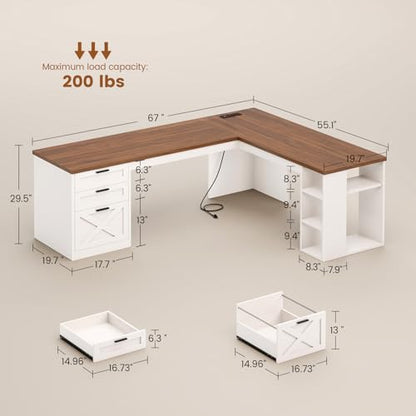 SEDETA 67" Farmhouse Executive L Shaped Desk with 3 Drawers - color: White and Brown, size: L Shaped Desk (67")