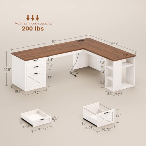 SEDETA 67" Farmhouse Executive L Shaped Desk with 3 Drawers - color: White and Brown, size: L Shaped Desk (67")