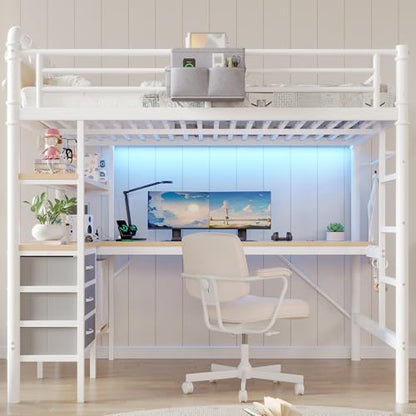 Jocoevol Full Size Loft Bed with L-Shaped Desk, LED Lights,Charging Station, Industrial Heavy Duty Metal Loft Bed Frame with 3 Storage Shelves and 3 Fabric Drawers, Safety Guard & Ladder, White - color: White, size: Full