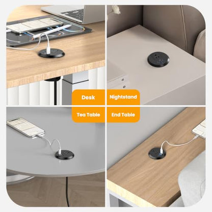 2 Inch Desk Power Grommet Outlet, 1AC Outlets, 3 USB (2 USB-C), Black, 6FT - color: Black