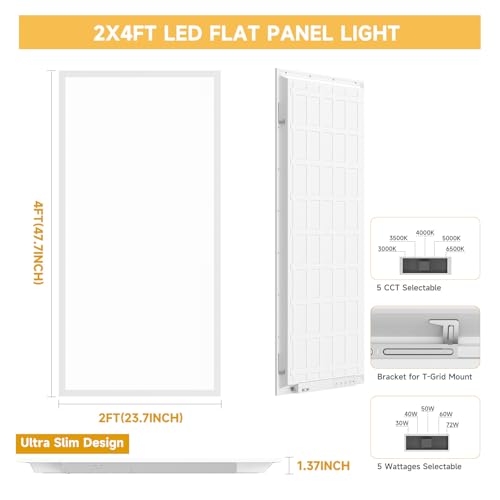 2 Pack 2x4 LED Flat Panel Lights with 5CCT Selectable, 9576LM, ETL | 72W/60W/50W/40W/30W,6500K/5000K/4000K/3500K/3000K,0-10V Dimmable, LED Drop Ceiling Fixtures for Office Meeting Classroom - size: 2x4FT 2PACK