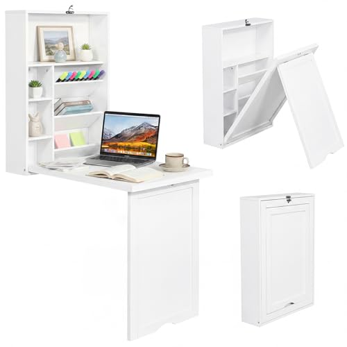 Tangkula Folding Wall Mounted Desk, Convertible Fold Out Floating Table with Storage Shelves, Space-Saving Drop Leaf Table, Murphy Desk for Craft, Study, Small Spaces, Home Office, Dorm, White - color: White