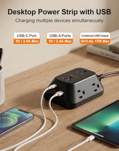 Desk Clamp Power Strip, 6 AC, 2 USB-C & 2 USB-A, 1440J, 6FT Cord - size: 6FT-Black