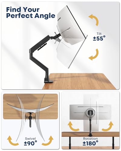 Ultrawide Monitor Arm fits 17-49 Inch Heavy Duty Flat/Curved Monitor | Cable Management, Full Motion, Gas Spring Arm, Holds 35.2 lbs with Clamp & Grommet Desk Mount, VESA 75/100mm, Black - size: Single Arm 17-49 Inch