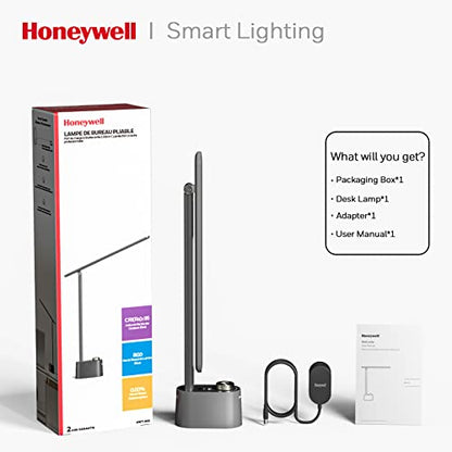 Honeywell HWT-H01 LED Desk Lamp, Foldable & Stepless Dimmable, Gray | Sunturalux Eye-Caring Desk Light with Charging Ports, Modern Table Lamp, Reading Lamp for Home Office Bedroom College Dorm - color: Gray