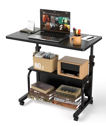 QZMDSM Portable Rolling Desk on Wheels Adjustable Height Desks for Small Spaces, 32" Computer Desk Drafting Tables with Storage Shelves for Home Office Black - color: Black