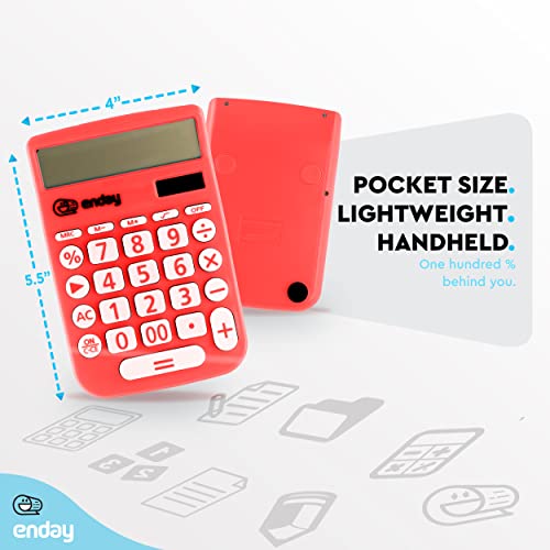 Enday Solar Powered Large Display 12 Digit Red Basic Calculator - Perfect for Office & School - color: RED