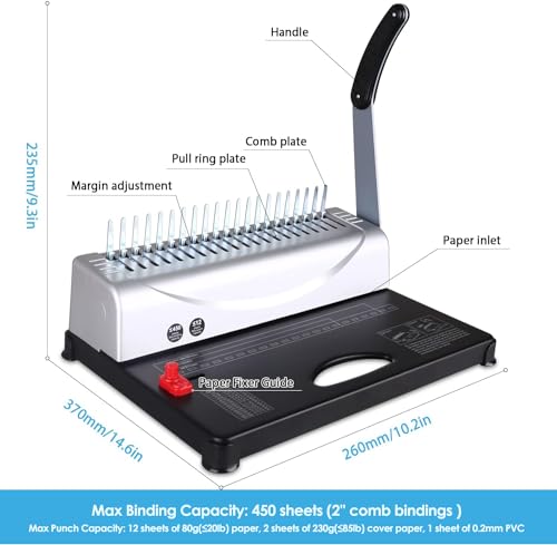 Comb Binding Machine - Punch 12 Sheet, Easy Punch No Jam, Heavy-Duty Metal Build, Book Binder for Office Reports & Home School Projects, Includes 100 Combs, Letter/A4/A5 Compatible - color: Silver