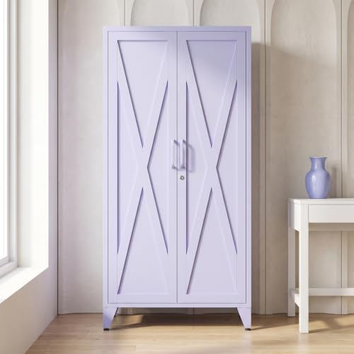 Lavender Purple Lockable Metal Storage Cabinet, Tall Double Doors with X-Shaped Recessed Panel, 3 Adjustable Shelves, for Home Office Entryway Narrow Space Storage 61" H - color: Purple, style: 61"H-Cabinet-CX