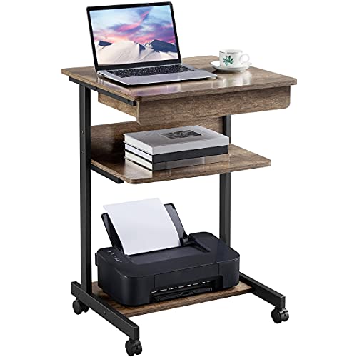 Topeakmart Rolling Computer Desk with Drawer & Keyboard Tray, Taupe Wood | Sturdy steel frame, smooth casters, storage drawer, keyboard tray, compact design, for home office. - color: Taupe Wood