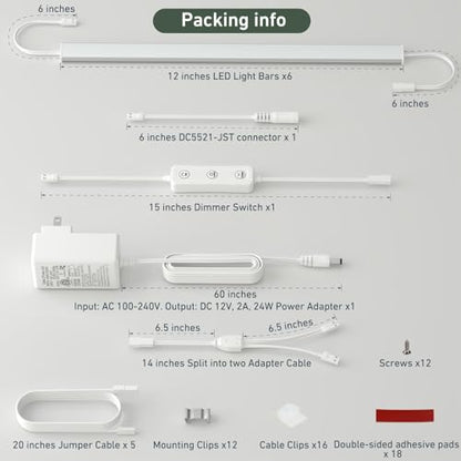 Under Cabinet Lighting Plug in. 6 PCS 12 Inches Likable Slim Bright Light Strips. Dimmable 24W Cabinet Lights for Kitchen Over Counter Countertop Tool Box Shelf Closets Warm White 3000K - color: Warm White 3000K, size: 6 Light Bar