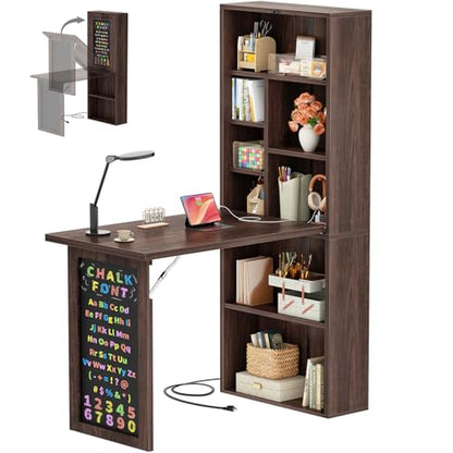 Small Folding Desk with Outlets, Fold-Out Murphy Desk Craft Table | Foldable Wall Mounted Desk Cabinet with Storage, Multi-Function Desk for Small Spaces/Home Office/Craft Room, Black Walnut - color: Black Walnut