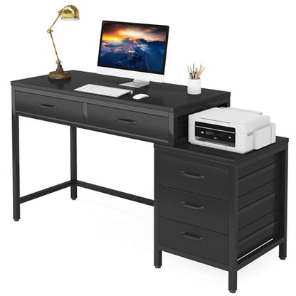 Tribesigns Computer Desk with 5 Drawers, Reversible Home Office Desks | Small Desk with Drawer Cabinet Printer Stand, PC Desk with Storage, Black Study Writing Table Workstation for Small Spaces - color: Black