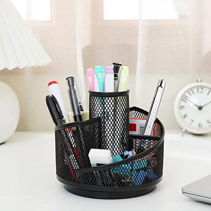 Mesh Rotating Desk Organizer, Black Pen Pencil Holder Metal Desktop Stationery Storage Caddy, 5 Grids Desk Organizer for Home Office Art Supplie, Pen Holder For Desk, Pen Holder Pen Cup Marker Holder
