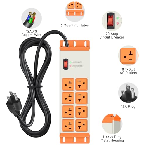 JUNNUJ Heavy Duty Surge Protector, 12 Gauge Extension Cord, Grey, 6 FT | Metal Wall Mount 8 Outlets Power Strip, High Amp Outlet Extender for Garage Industrial Shop, 4800J - color: Grey, size: 6 ft