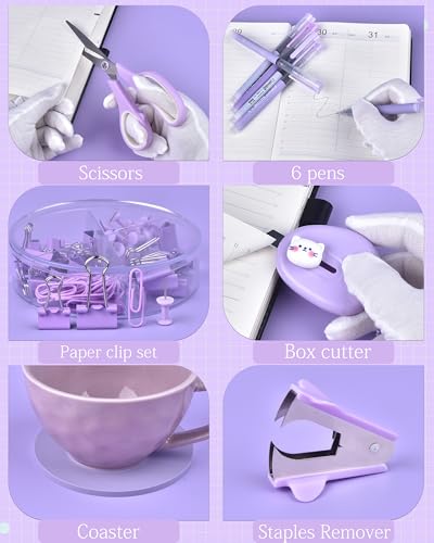 Purple Desk Accessories and Organizers with Desk Organizer and 360°Rotating Pen Holder stapler Pen and a Lot of Office Purple Office Supplies Beautifully Presented in a Gift Box - color: Purple