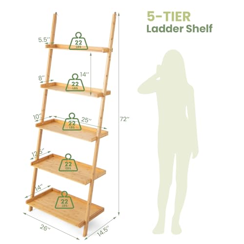 Tangkula 5-Tier Ladder Shelf Bookcase, Bamboo 72”H Wall-Leaning Bookshelf with Baffles and Anti-Tipping Kits, Plant Stand for Living Room Bathroom Home Office Decor, Ladder Bookshelf, Natural - size: 26" x 14.5" x 72" (L x W x H)