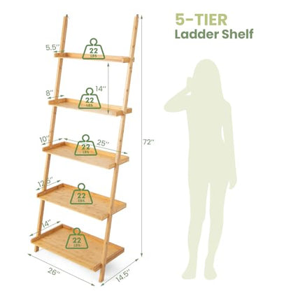 Tangkula 5-Tier Ladder Shelf Bookcase, Bamboo 72”H Wall-Leaning Bookshelf with Baffles and Anti-Tipping Kits, Plant Stand for Living Room Bathroom Home Office Decor, Ladder Bookshelf, Natural - size: 26" x 14.5" x 72" (L x W x H)