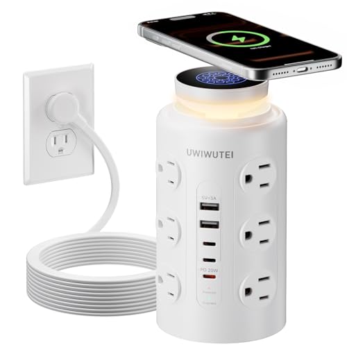 Tower Power Strip with Wireless Charging & Night Light - PD20W Fast Charging Station,12 Outlets, 5 USB (3 USB-C),1800J Protection, 6FT Extension Cord, Home Office Essentials(White) - color: White, size: 6FT with Night Light & Wireless Charger