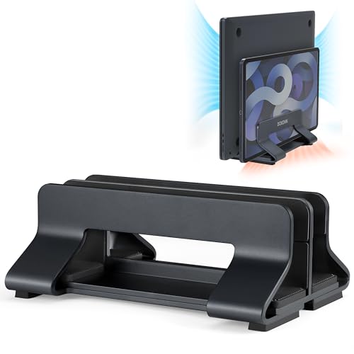 Aluminum Dual Vertical Laptop Stand Dock Holder, Supports 2 Devices, Adjustable Slot Width 15-36mm, Space-Saving Upright Storage for MacBook and Laptops - color: Black, size: 2 Slots