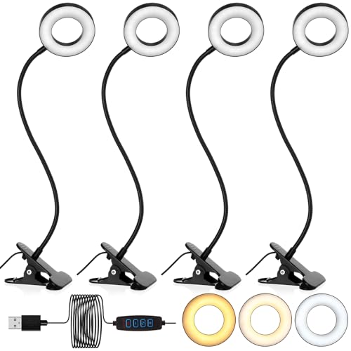 Glooglitter 4 Pcs Clip on Ring Light Desk Lamp 48 LED USB 3 Colors, Black - color: Black