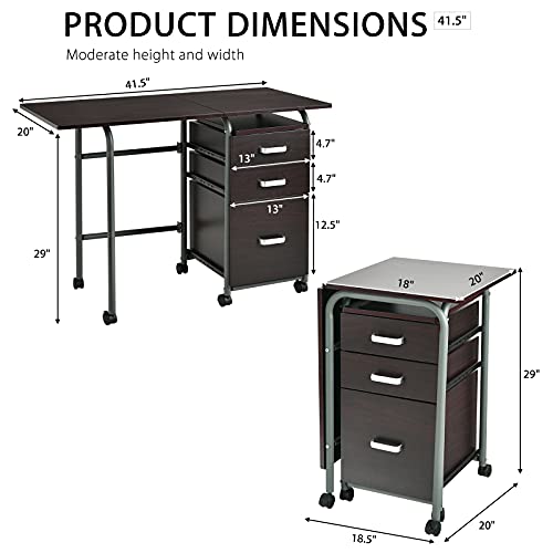 Tangkula Folding Computer Desk with 3 Storage Drawers, Mobile Home Office Desk Study Writing Desk with Smooth Wheels, Space Saving Compact Desk for Dorm Apartment, Rolling Folding Desk Table - color: Brown