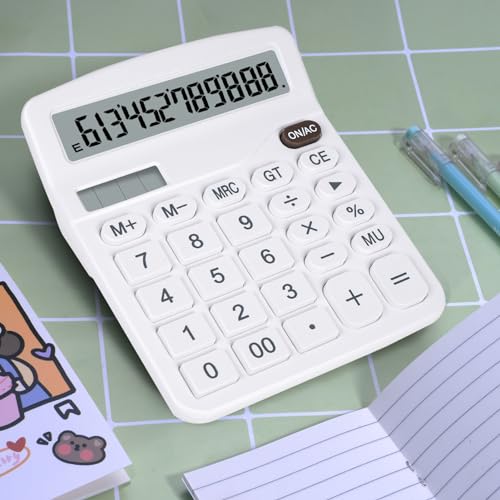 Cute White Desktop Calculator with Big Buttons, Dual Power Source | Solar and Battery, Large Display Screen - Perfect for Office, Teachers, and Students (White) - color: White