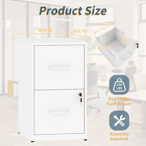 2 Drawer File Cabinet with Lock, Vertical Filing Cabinets for Home Office, Metal Storage Cabinet, Heavy Duty File Cabinet for Under Desk, Amsseble Required, White - color: White, size: 2 Drawers-New-Under Desk